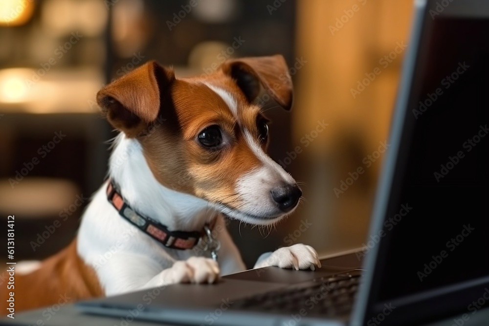 A cute dog looking at a laptop monitor screen, Generative Ai