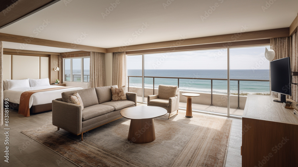 Fototapeta premium Living room modern design with panoramic ocean view, generative ai