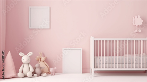 Empty vertical frame mockup in modern minimalist interior with plant on baby pink wall, generative ai