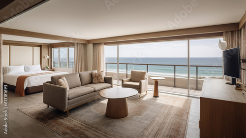 Living room modern design with panoramic ocean view, generative ai © Анастасия Каргаполов