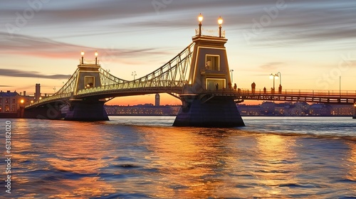 Illuminated bridge across the river at sunset. Generative AI