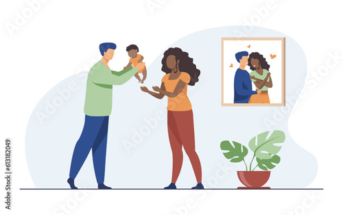 Happy interracial couple with baby vector illustration. Young father handing multiracial child to mother, parents taking care of baby. Interracial family, parenthood, love concept