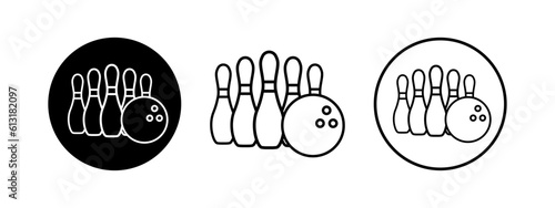 Modern illustration with black bowling. Vector icon set of bowling equipment.