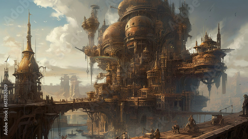 A captivating steampunk cityscape with the blending of Victorian aesthetics and industrial innovation  Generative AI