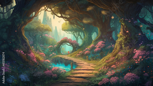 Pathway in a beautiful forest with an arched wooden door  Generative AI