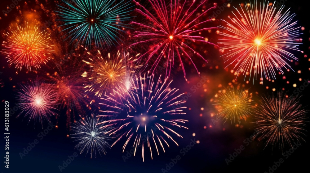 Colorful firework background for celebration happy new year and merry christmas.
Fireworks light up the sky with dazzling display for celebration.