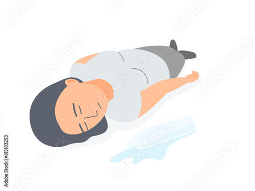 Isolated of a woman fainting on the floor with Spilled water and water bottle. Flat vector illustration.