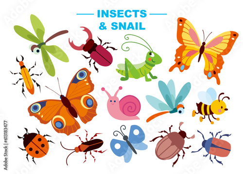 Set of cute insects and snail vector illustration. Cartoon characters in flat style: dragonfly, butterfly, beetle, grasshopper, moth, ladybug, stag beetle, bee, cockchafer, snail.