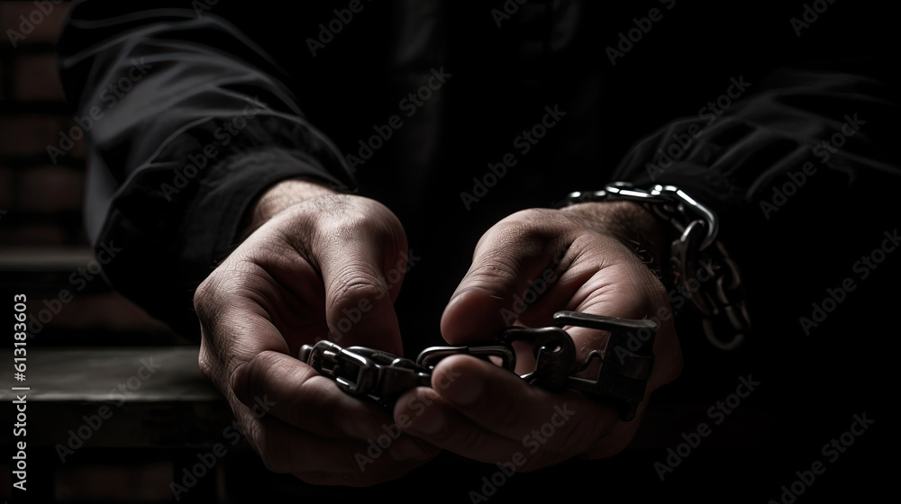 Handcuffed arms of a prisoner in a prison. Generative AI