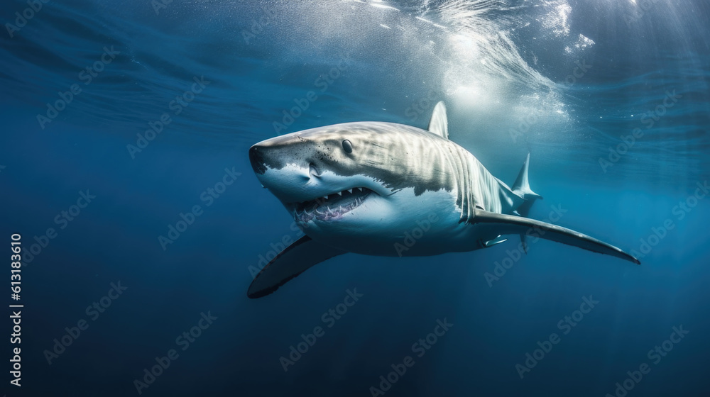 Fototapeta premium a great white shark (Carcharodon carcharias) underwater. Generative AI