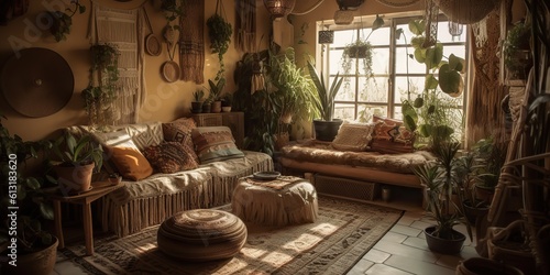 AI Generated. AI Generative. Rustic retro vintage cozy living room. Macrame  plants  sofa  wood indoor romantic hippie style. Graphic Art