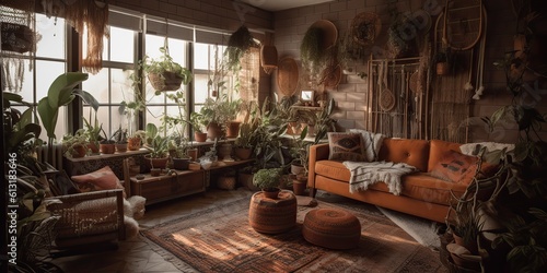 AI Generated. AI Generative. Rustic retro vintage cozy living room. Macrame  plants  sofa  wood indoor romantic hippie style. Graphic Art