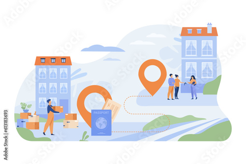 People moving to another country vector illustration. Man carrying boxes from one house to another, couple buying new apartment. Map pins with passport and tickets. Relocation, travel concept