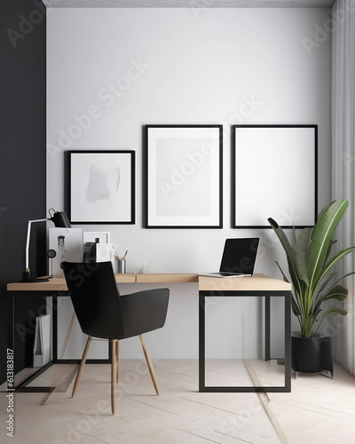 Empty vertical frame mockup in modern minimalist office interior, generative ai © Анастасия Каргаполов
