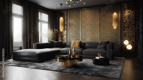 Luxury room design in black and gold colors  generative ai