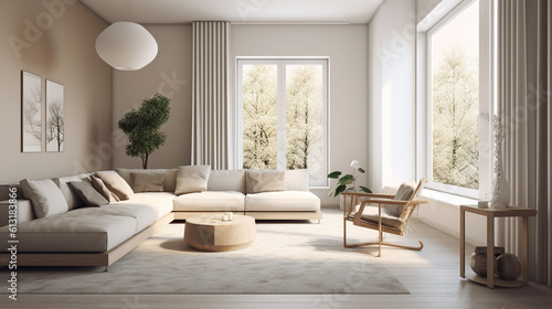 Modern living room design in white colors, generative ai