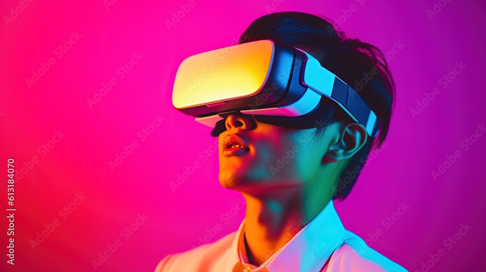 Portrait of a young man wearing virtual reality goggles against colourful background.Generative Ai Portrait of a young man wearing virtual reality goggles against colourful background.Generative Ai