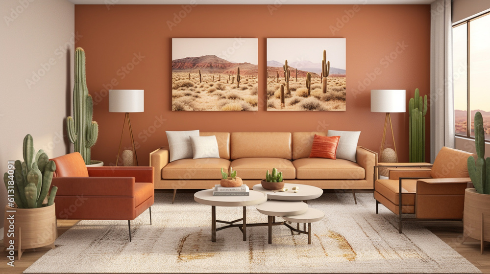 Fototapeta premium Nature inspired desert landscape room design, generative ai