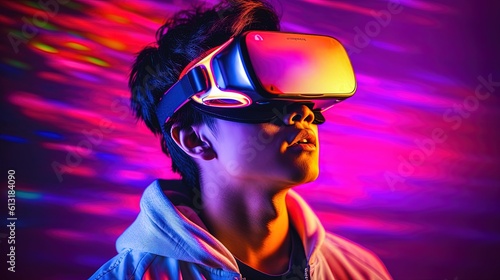 Portrait of a young man wearing virtual reality goggles against colourful background.Generative Ai