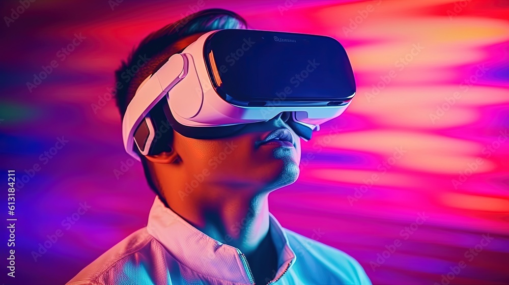 Portrait of a young man wearing virtual reality goggles against colourful background.Generative Ai Portrait of a young man wearing virtual reality goggles against colourful background.Generative Ai