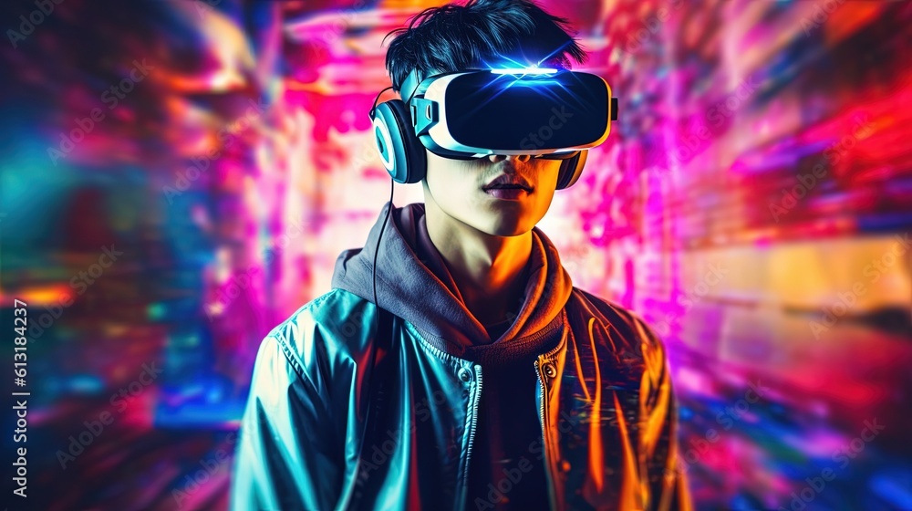 Portrait of a young man wearing virtual reality goggles against colourful background.Generative Ai Portrait of a young man wearing virtual reality goggles against colourful background.Generative Ai