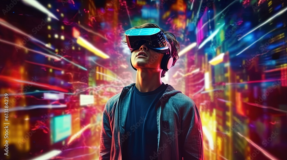 Portrait of a young man wearing virtual reality goggles against colourful background.Generative Ai Portrait of a young man wearing virtual reality goggles against colourful background.Generative Ai