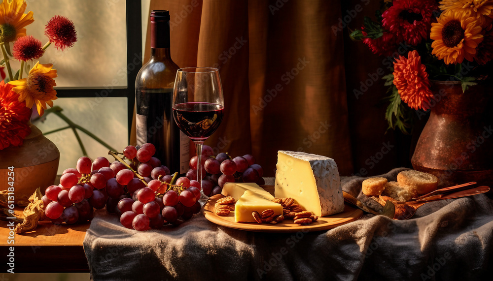 Arrangement featuring wine glasses, cheese, and grapes Generative AI