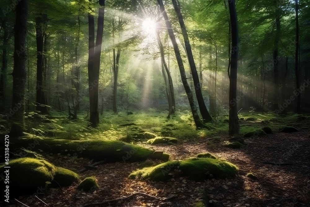 A lush green forest illuminated by beautiful rays of sunlight, Generative Ai
