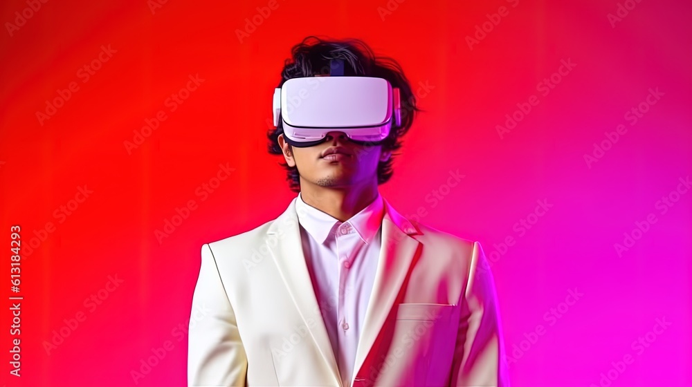 Fototapeta premium Portrait of a young man wearing virtual reality goggles against colourful background.Generative Ai