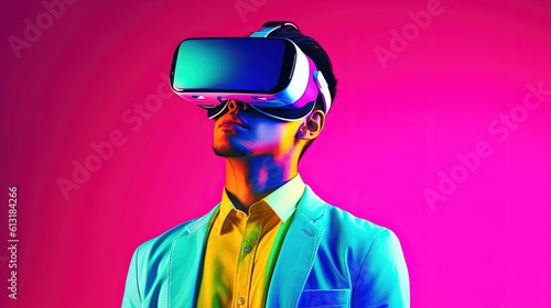 Portrait of a young man wearing virtual reality goggles against colourful background.Generative Ai