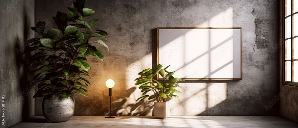  Loft, modern interior mockup with empty frame on concrete textured wall with tropical plants on the floor. Luxury hotel resort background. Vacation template. Minimalism. Generative ai.