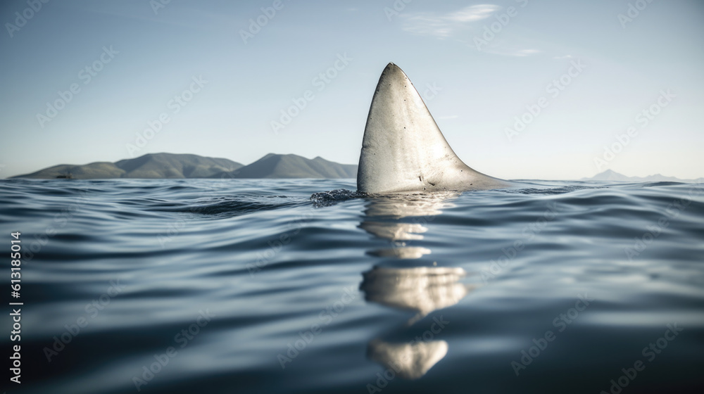 Fototapeta premium a shark's dorsal fin emerges from the water. Generative AI