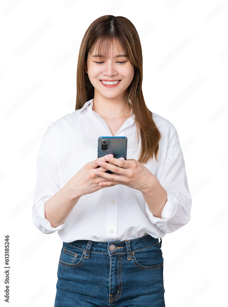Studio shot of Beautiful Asian businesswoman holding smartphone and smiling on background. Studio shot of Beautiful Asian businesswoman holding smartphone and smiling on background.
