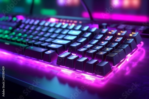Productive work on a neon computer keyboard with vibrant backlighting, Generative Ai