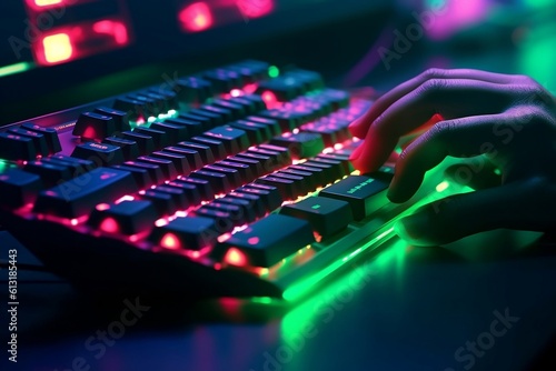 Productive work on a neon computer keyboard with vibrant backlighting, Generative Ai