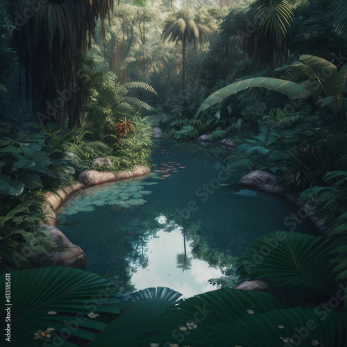 Beautiful pond in the jungle of Asia. AI generative.