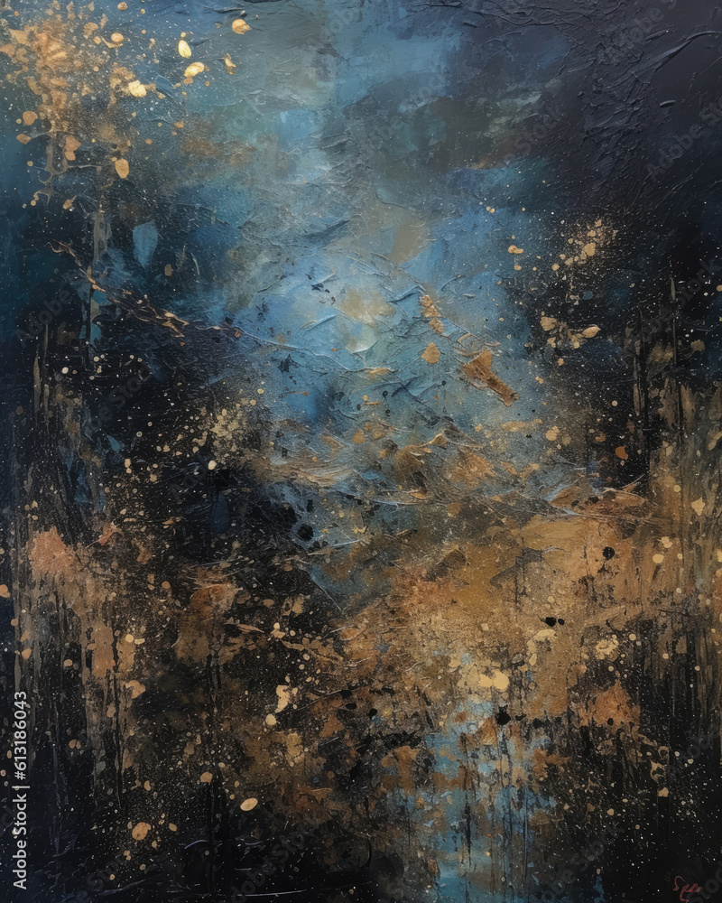 Abstract Blue Gold Backdrop made with Oil Paint on Canvas. Abstract Modern Painting, Wall Art. Abstract Artwork. Generative ai