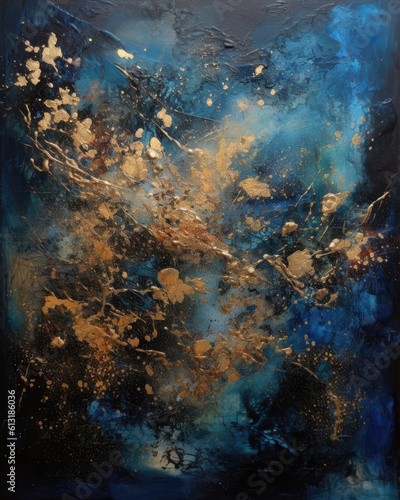 Abstract Blue Gold Background made with Oil Paint on Canvas. Abstract Modern Painting, Wall Art. Abstract Artwork. Generative ai