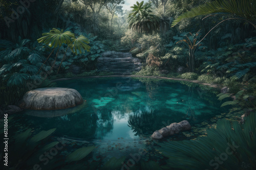 Jungle pond  Asia. AI generative.