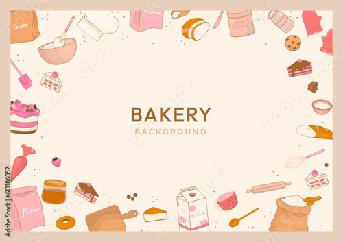 Bakery with kitchen utensils on beige background
