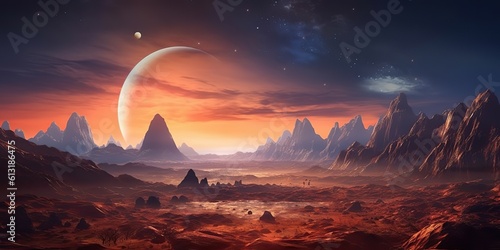 Fototapeta Naklejka Na Ścianę i Meble -  AI Generated. AI Generative. Mars planet landscape surface galaxy space future view scene. Comics illustration style. Graphic Art