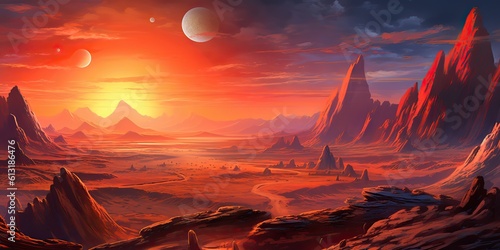 Fototapeta Naklejka Na Ścianę i Meble -  AI Generated. AI Generative. Mars planet landscape surface galaxy space future view scene. Comics illustration style. Graphic Art