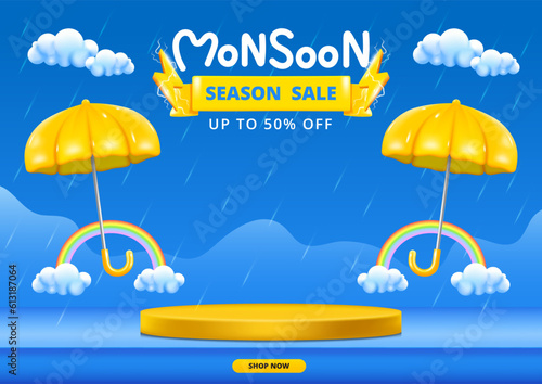 Monsoon season banner sale with podium design with 3d clouds lightning yellow umbrellas