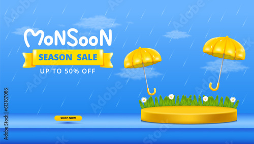 Monsoon season banner sale with podium design with 3d clouds lightning yellow umbrellas