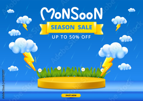 Monsoon season banner sale with podium design with 3d clouds lightning yellow umbrellas