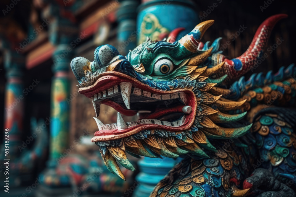Chinese dragon statue in the temple. Chinese New Year. Asian gargoyle Thailand. Colorful paper. 