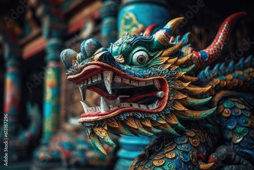 Chinese dragon statue in the temple. Chinese New Year. Asian gargoyle Thailand. Colorful paper.  © Kateryna