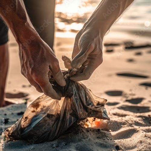 Hand of a man volunteer grabbing rubbish picked up on beach, Sustainability concept.