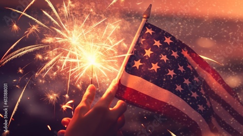Happy 4th of July Independence Day, Hand holding Sparkler fireworks USA celebration with American flag background, Independence Day