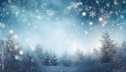 Blue winter snowy landscape with snowflakes and blue sky. Snow covered tree card. Copy space. Season, winter, Christmas. Generative AI. © Caphira Lescante
